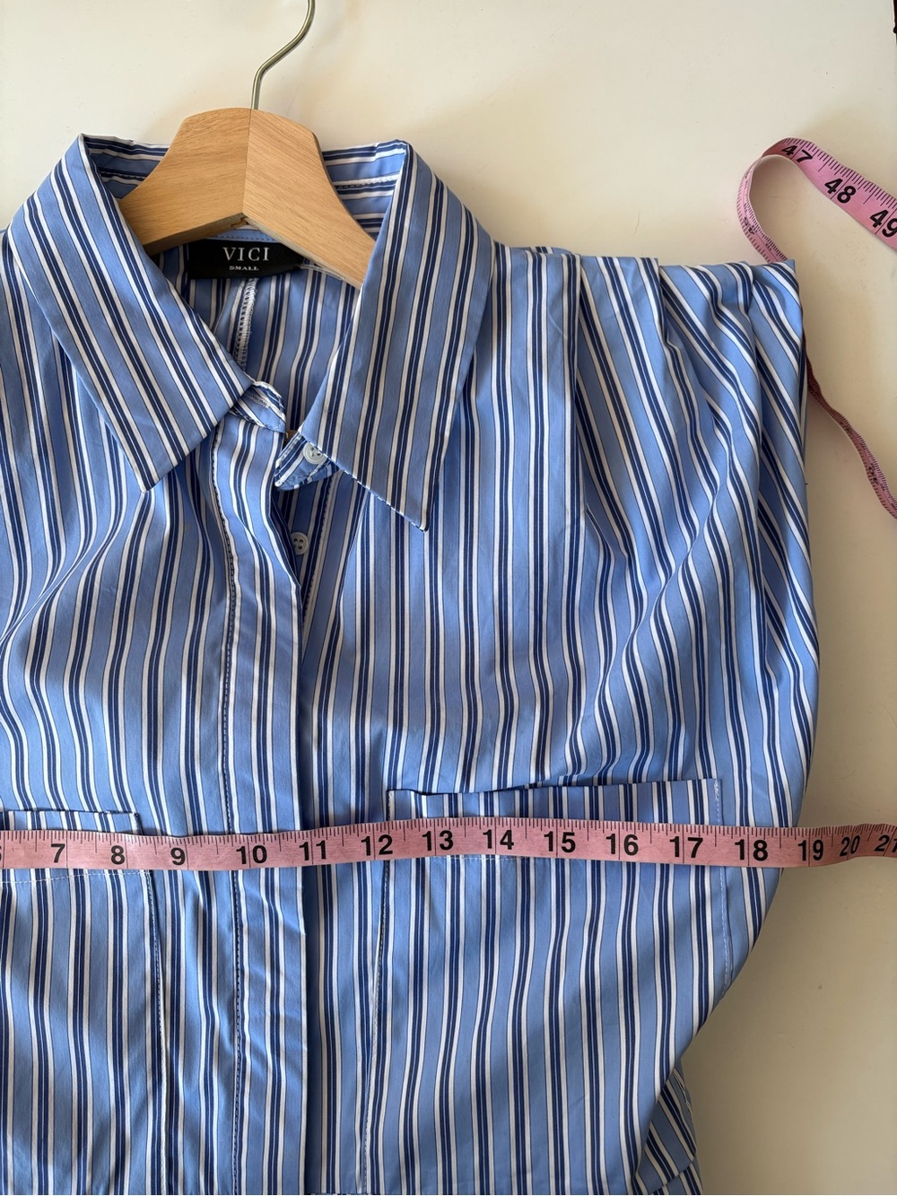 VICI || Adeline Pinstripe Tie Waist Romper Belted Poplin Striped Blue S NWOT - Picture 7 of 11